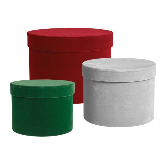 Round Grey Velour Hat Boxes set of 3 lined